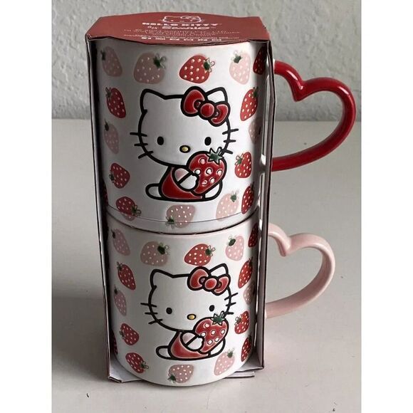 Set Of 2 Hello Kitty Heart Handle Mugs Pink & Red Strawberries Ceramic Large NEW - Picture 1 of 8